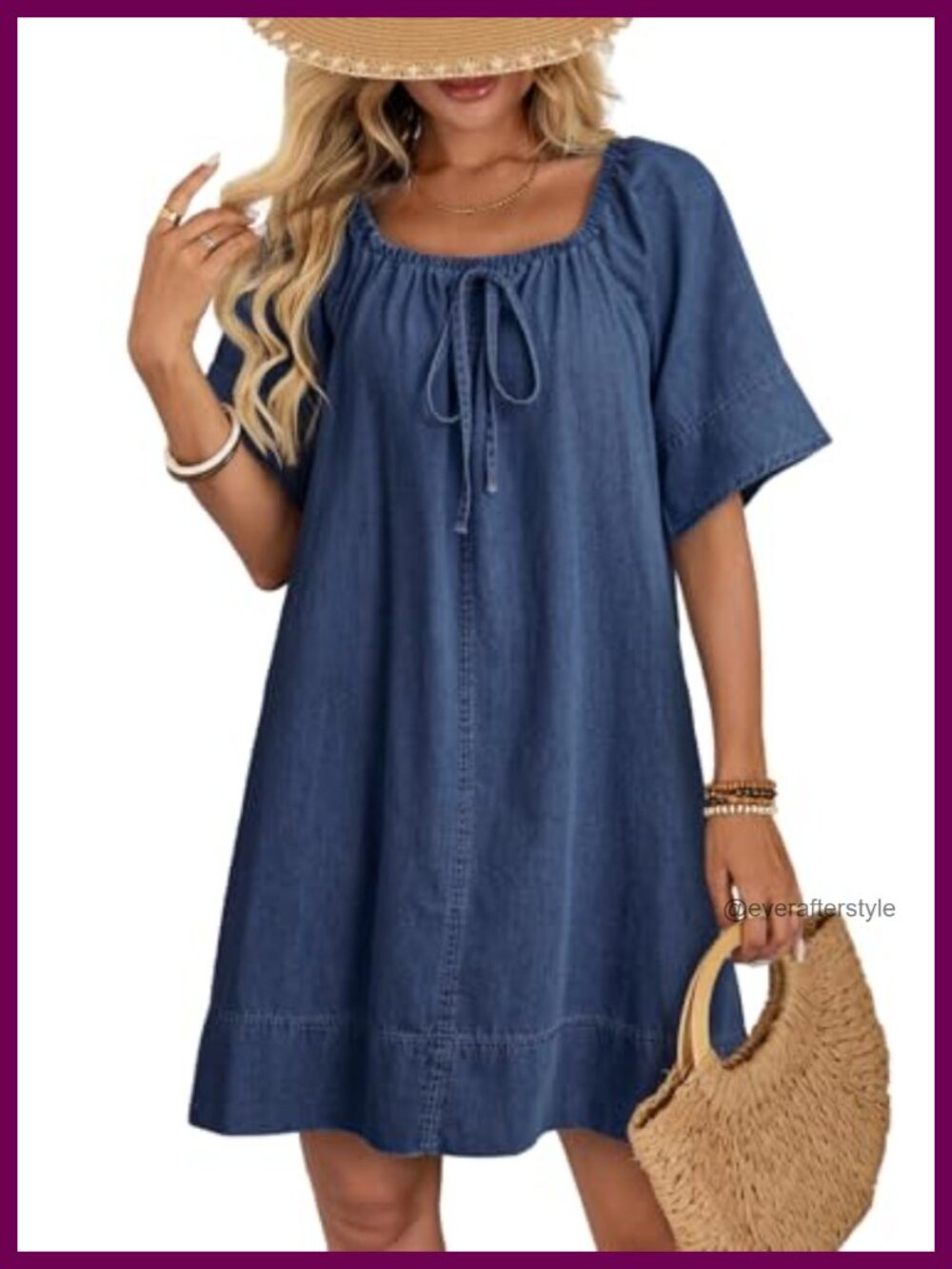 Women's Lightweight Flowy 100% Cotton Denim Dress Tie Knot Square Neck Short